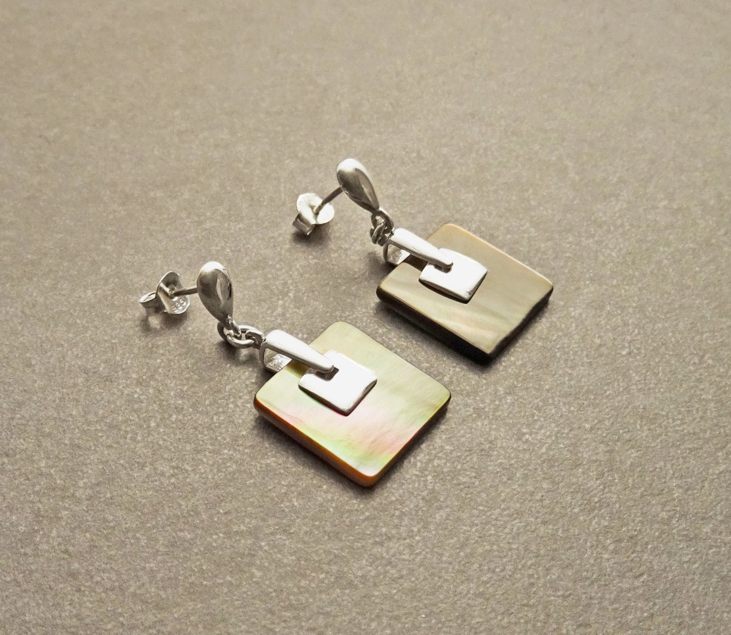 Grey Square Earrings, Sterling Silver, GENUINE Gray Paua Shell Pearl with Rainbow Highlights, Geometric Jewelry, Modern Dangle Earrings