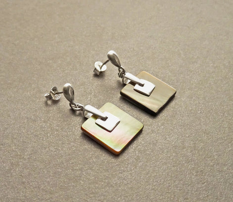 Grey Square Earrings, Sterling Silver, GENUINE Gray Paua Shell Pearl with Rainbow Highlights, Geometric Jewelry, Modern Dangle Earrings