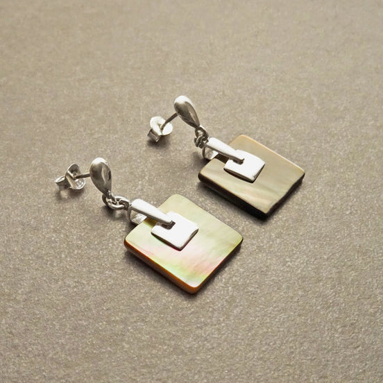 Grey Square Earrings, Sterling Silver, GENUINE Gray Paua Shell Pearl with Rainbow Highlights, Geometric Jewelry, Modern Dangle Earrings