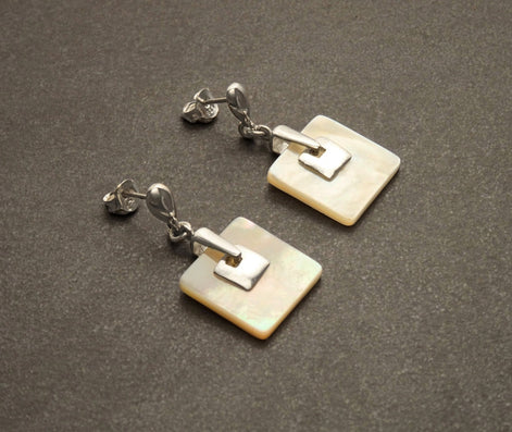 White Square Earrings, Sterling Silver, Genuine Mother of Pearl Shell Jewelry, Geometric Dangle Earrings, Woman Modern Earrings