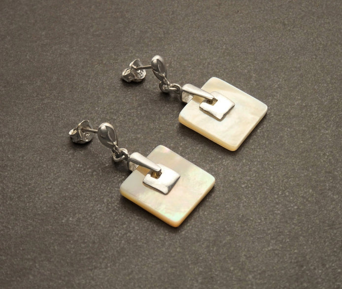 White Square Earrings, Sterling Silver, Genuine Mother of Pearl Shell Jewelry, Geometric Dangle Earrings, Woman Modern Earrings