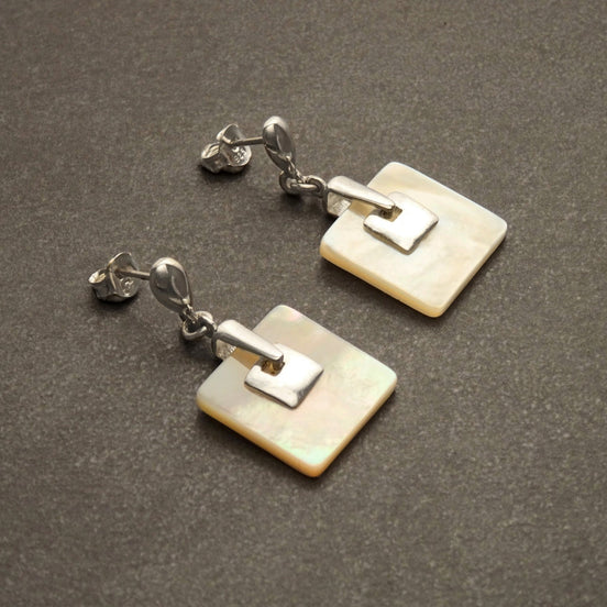 White Square Earrings, Sterling Silver, Genuine Mother of Pearl Shell Jewelry, Geometric Dangle Earrings, Woman Modern Earrings
