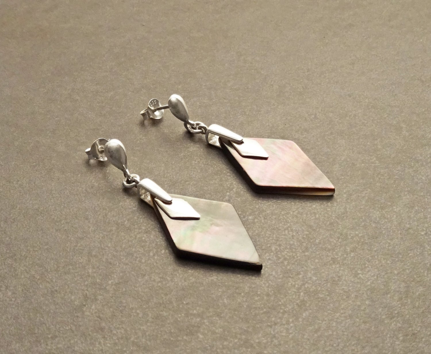 Grey Square Earrings - Sterling Silver, Genuine Gray Paua Shell Earrings, Gray Flat Earrings, Dangle Modern Earrings