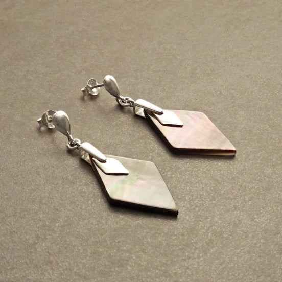 Grey Square Earrings - Sterling Silver, Genuine Gray Paua Shell Earrings, Gray Flat Earrings, Dangle Modern Earrings