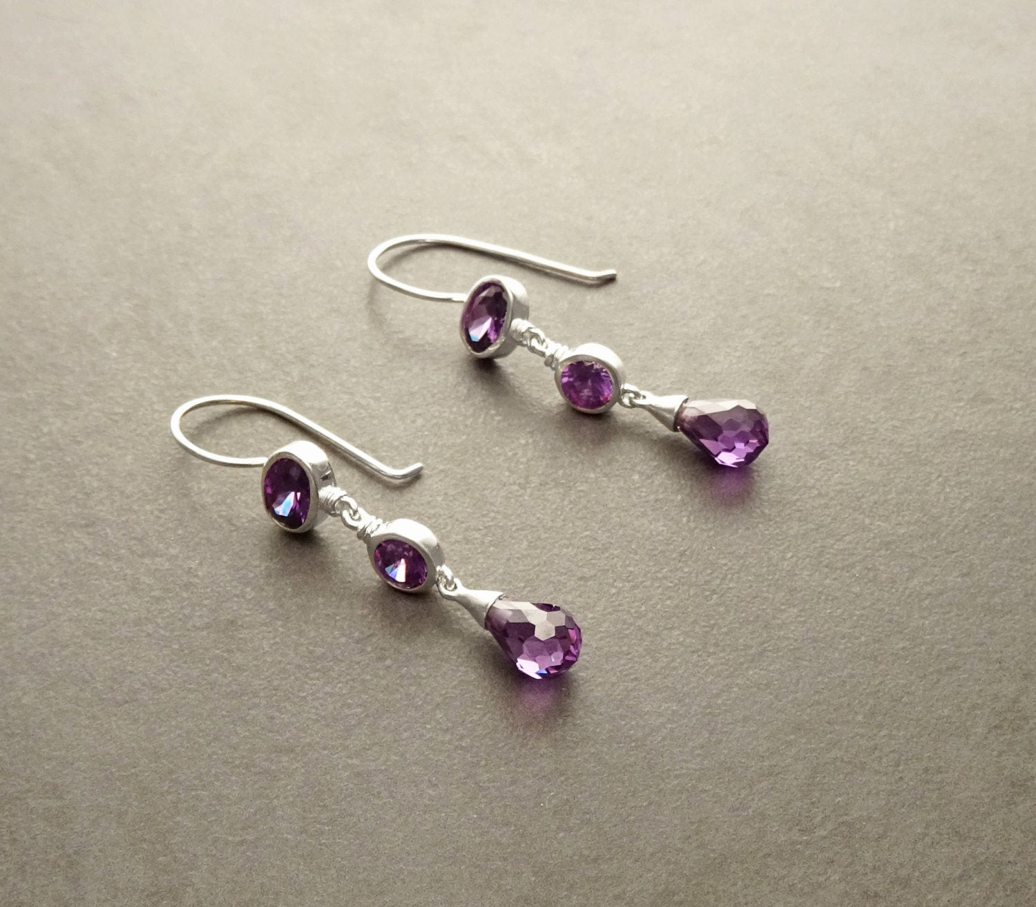 Amethyst Drop Earrings • Sterling Silver • Elegant Dangle Hook Earrings • Faceted Purple Stone Teardrop Cz