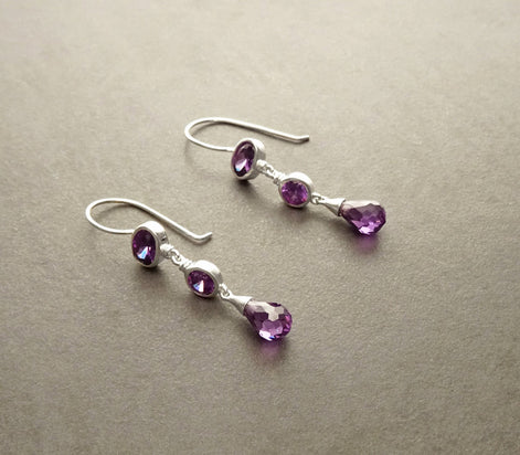 Amethyst Drop Earrings • Sterling Silver • Elegant Dangle Hook Earrings • Faceted Purple Stone Teardrop Cz
