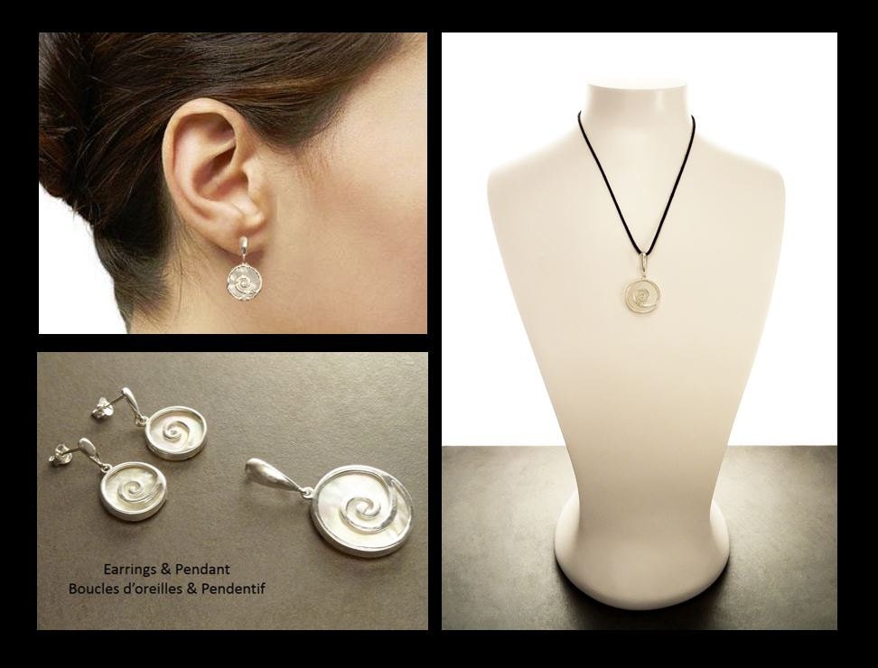Shell Spiral Earrings Set, Sterling Silver 925, White Mother of Pearl Jewelry, Geometric Round Earrings and Pendant Set, Modern Disc Jewelry