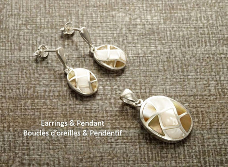 Oval Shell Earrings, Sterling Silver, Genuine Paua Shell with White Mother of Pearl, Dangle Geometric Jewelry, Mosaic Wave Earrings