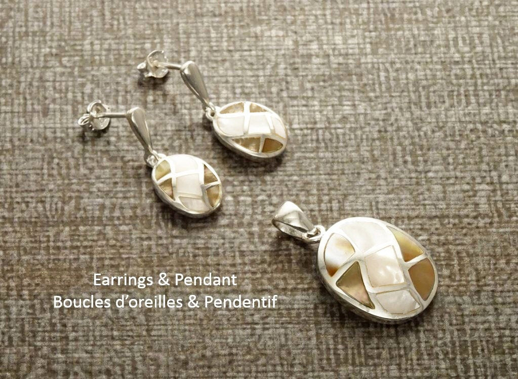 Checkered Earrings Set, Sterling Silver, Natural White Mother of Pearl Oval Mosaic and Genuine Brown Cooper Color Paua Shell, Stone Jewelry