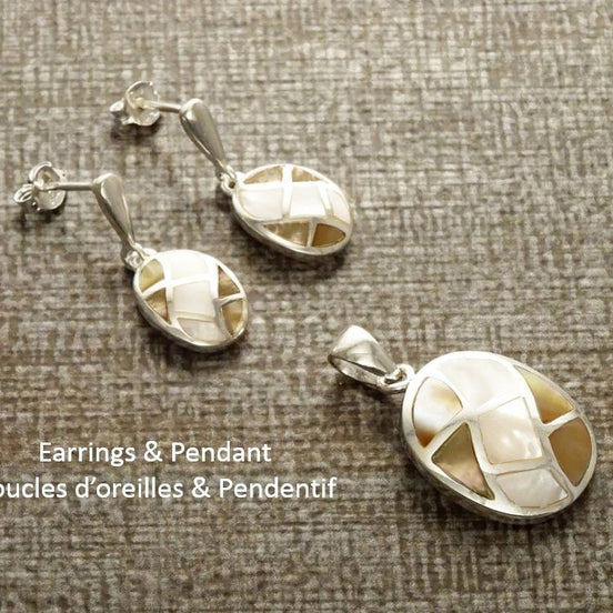 Checkered Earrings Set, Sterling Silver, Natural White Mother of Pearl Oval Mosaic and Genuine Brown Cooper Color Paua Shell, Stone Jewelry