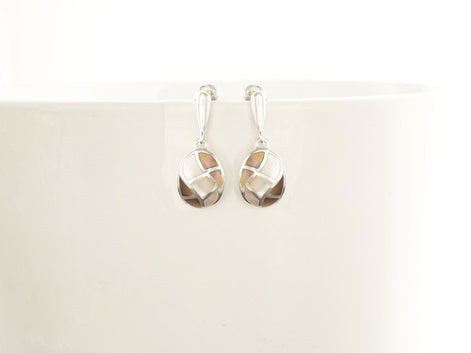 Oval Shell Earrings, Sterling Silver, Genuine Paua Shell with White Mother of Pearl, Dangle Geometric Jewelry, Mosaic Wave Earrings
