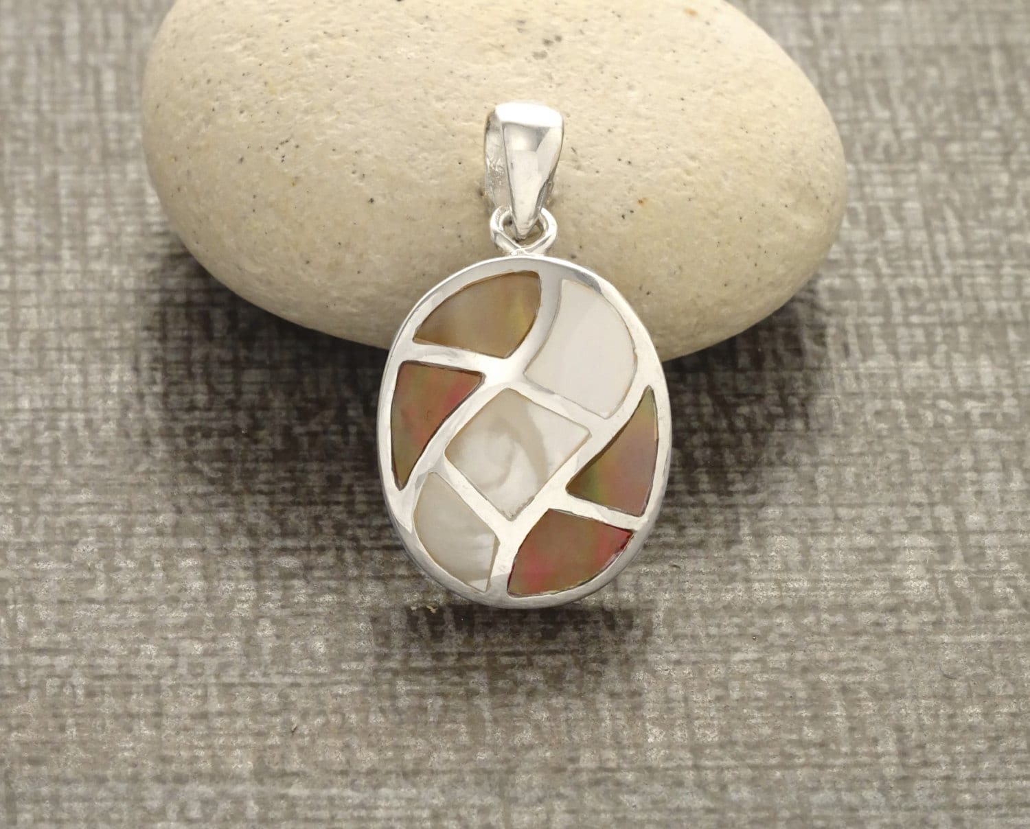 Oval Shell Earrings, Sterling Silver, Genuine Paua Shell with White Mother of Pearl, Dangle Geometric Jewelry, Mosaic Wave Earrings
