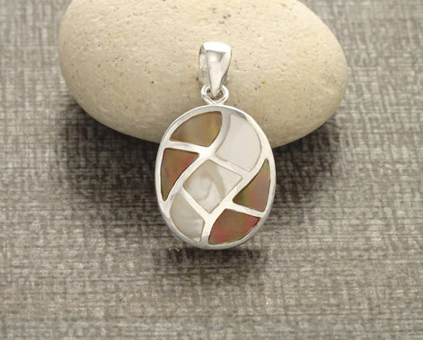 Oval Shell Earrings, Sterling Silver, Genuine Paua Shell with White Mother of Pearl, Dangle Geometric Jewelry, Mosaic Wave Earrings
