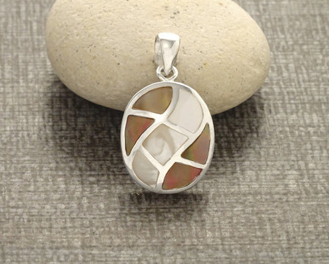 Checkered Earrings Set, Sterling Silver, Natural White Mother of Pearl Oval Mosaic and Genuine Brown Cooper Color Paua Shell, Stone Jewelry