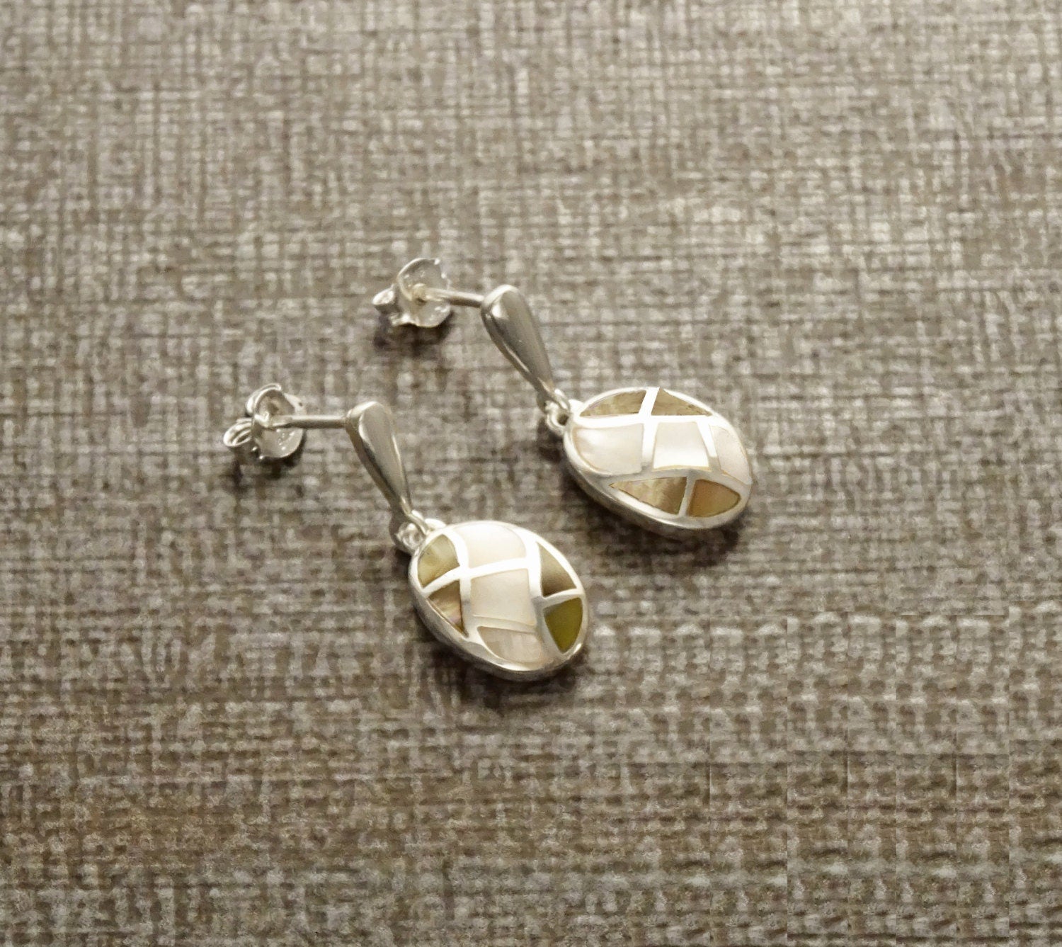 Oval Shell Earrings, Sterling Silver, Genuine Paua Shell with White Mother of Pearl, Dangle Geometric Jewelry, Mosaic Wave Earrings