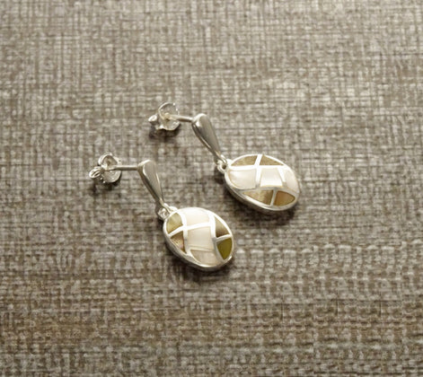 Oval Shell Earrings, Sterling Silver, Genuine Paua Shell with White Mother of Pearl, Dangle Geometric Jewelry, Mosaic Wave Earrings