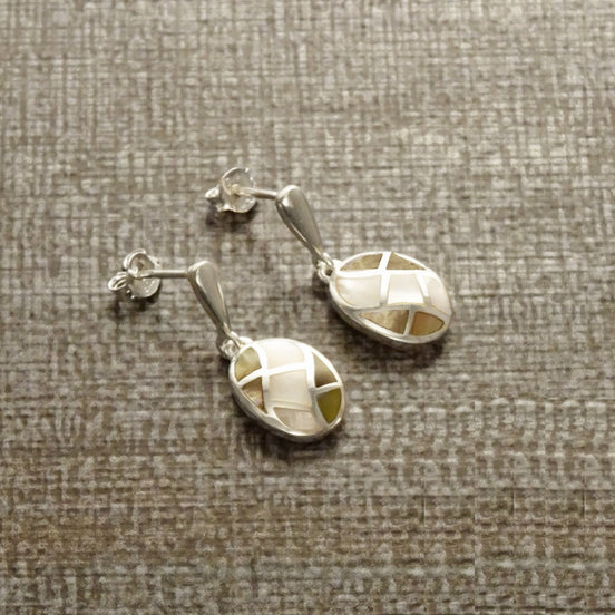Oval Shell Earrings, Sterling Silver, Genuine Paua Shell with White Mother of Pearl, Dangle Geometric Jewelry, Mosaic Wave Earrings
