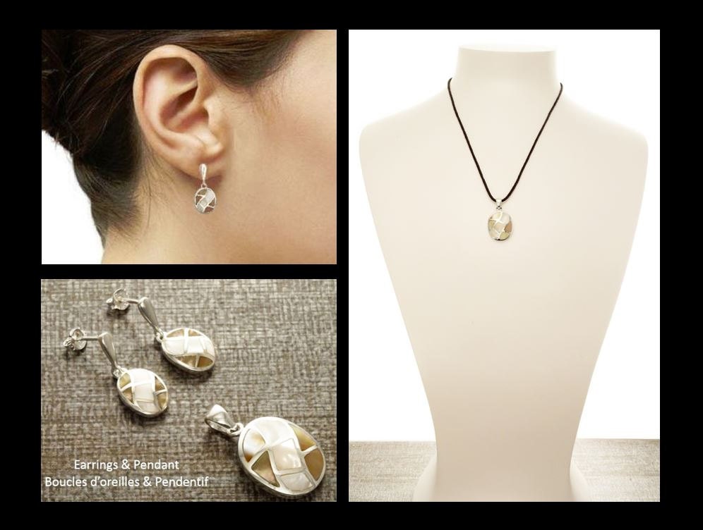 Oval Shell Earrings, Sterling Silver, Genuine Paua Shell with White Mother of Pearl, Dangle Geometric Jewelry, Mosaic Wave Earrings