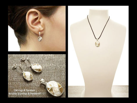 Oval Shell Earrings, Sterling Silver, Genuine Paua Shell with White Mother of Pearl, Dangle Geometric Jewelry, Mosaic Wave Earrings