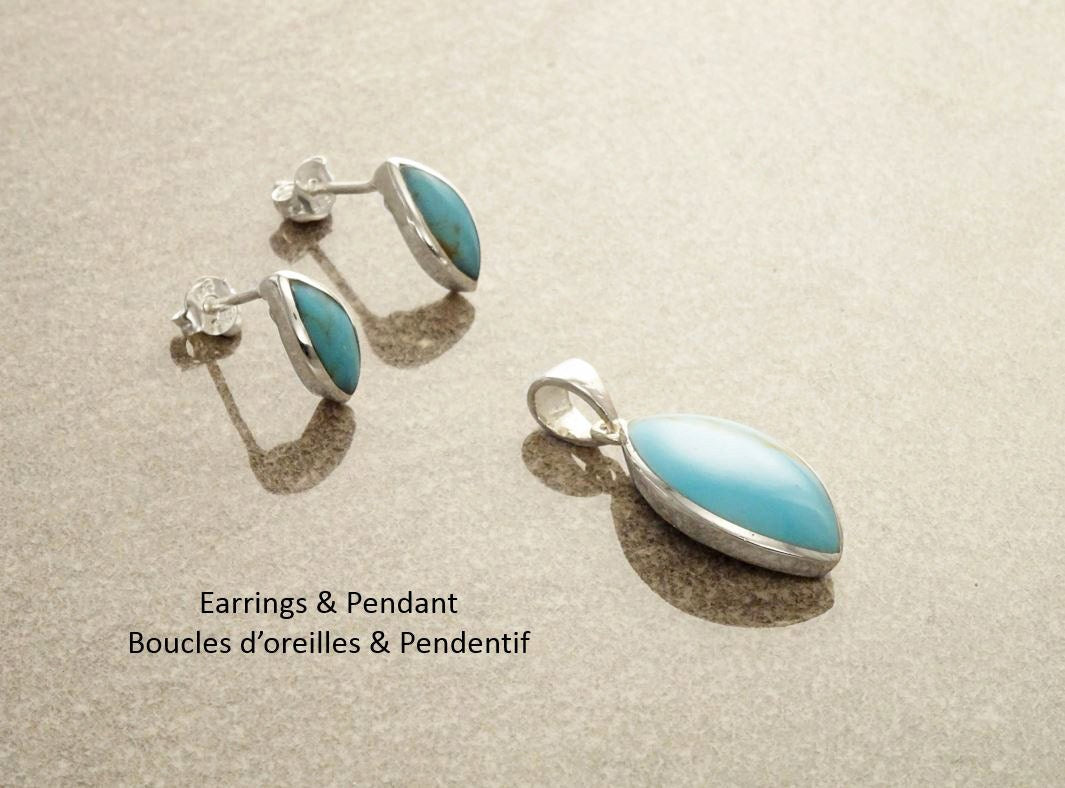 Turquoise Oval Earrings, Sterling Silver, Blue turquoise stone necklace, Almond Shape Pendant Set, dainty turquoise jewelry, studs earrings