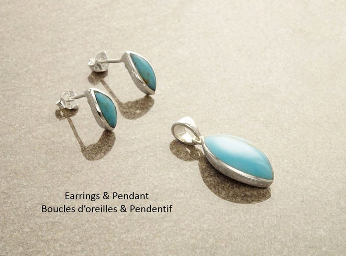 Turquoise Oval Earrings, Sterling Silver, Blue turquoise stone necklace, Almond Shape Pendant Set, dainty turquoise jewelry, studs earrings
