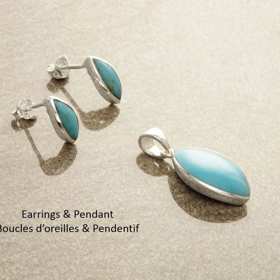 Turquoise Oval Earrings, Sterling Silver, Blue turquoise stone necklace, Almond Shape Pendant Set, dainty turquoise jewelry, studs earrings