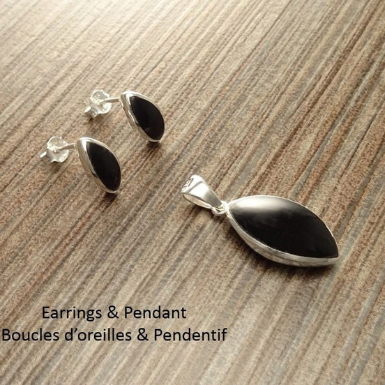 Black Oval earrings Set, Sterling Silver, Almond Shape Onyx Stone, Dangle Post Earrings, Modern Minimalist pointed style Design Jewelry