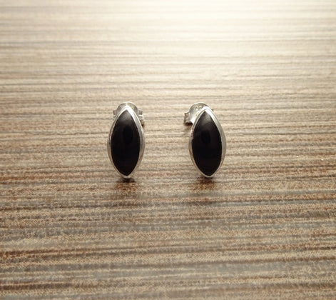 Black Oval earrings Set, Sterling Silver, Almond Shape Onyx Stone, Dangle Post Earrings, Modern Minimalist pointed style Design Jewelry