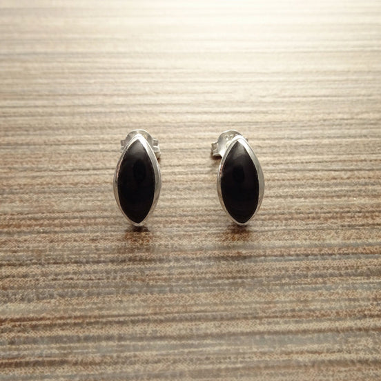 Black Oval earrings Set, Sterling Silver, Almond Shape Onyx Stone, Dangle Post Earrings, Modern Minimalist pointed style Design Jewelry