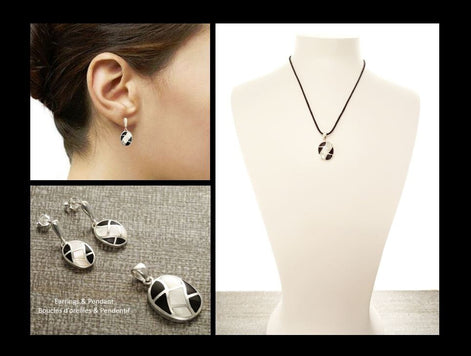 Black Oval Earrings, Sterling Silver, Black and White Bicolor Onyx Stone Mother of Pearl Shell, Modern Geometric Waves Checkered Jewelry