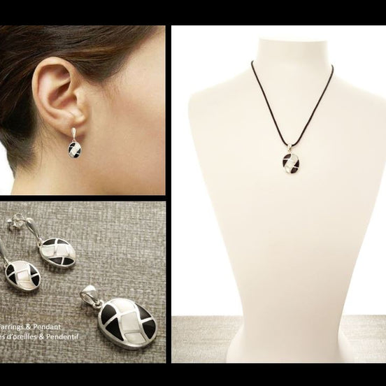 Onyx Earrings Set, Sterling Silver, Bicolor Black Stones Oval Mosaic White Mother of Pearl Shell, Modern Geometric Stone Checkered Jewelry