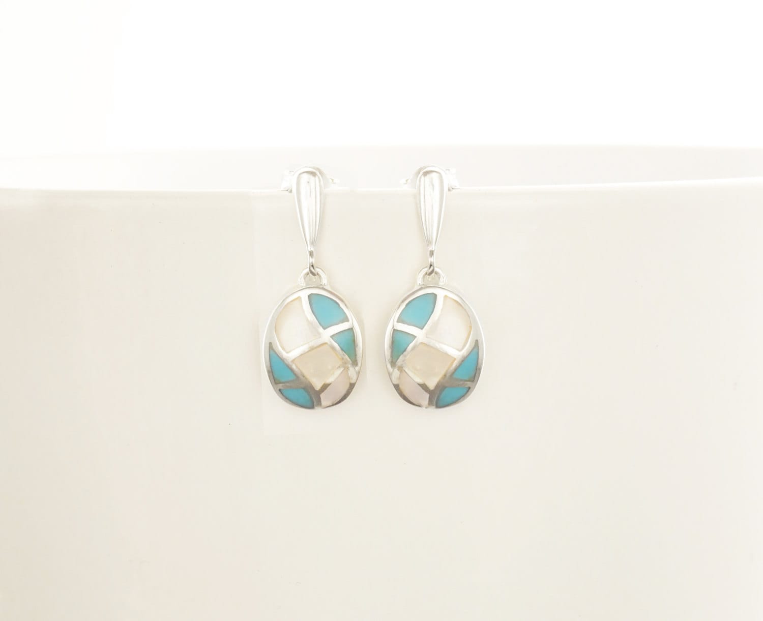 Turquoise Earrings, Sterling Silver, Bicolor Blue Oval Turquoise Stone and White Mother of Pearl Shell, Modern Geometric Grid Jewelry Set