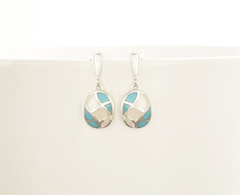 Turquoise Earrings, Sterling Silver, Bicolor Blue Oval Turquoise Stone and White Mother of Pearl Shell, Modern Geometric Grid Jewelry Set