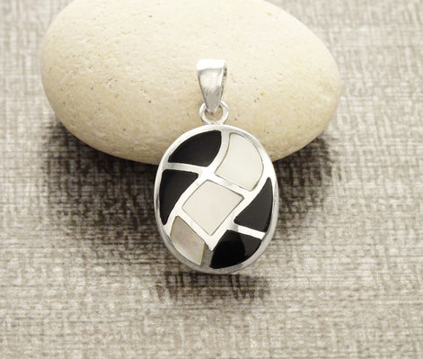 Black Oval Earrings, Sterling Silver, Black and White Bicolor Onyx Stone Mother of Pearl Shell, Modern Geometric Waves Checkered Jewelry