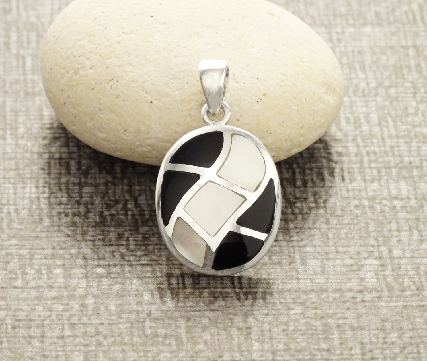 Onyx Earrings Set, Sterling Silver, Bicolor Black Stones Oval Mosaic White Mother of Pearl Shell, Modern Geometric Stone Checkered Jewelry