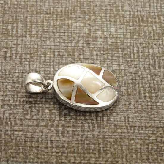 Oval Shell Pendant, Sterling Silver, White Mother of Pearl and Gold Paua Shell Necklace, Modern Geometric Stone Jewelry