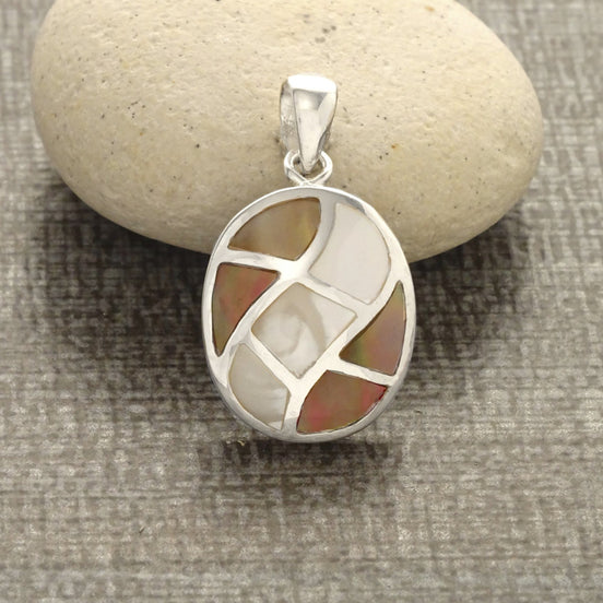 Oval Shell Pendant, Sterling Silver, White Mother of Pearl and Gold Paua Shell Necklace, Modern Geometric Stone Jewelry