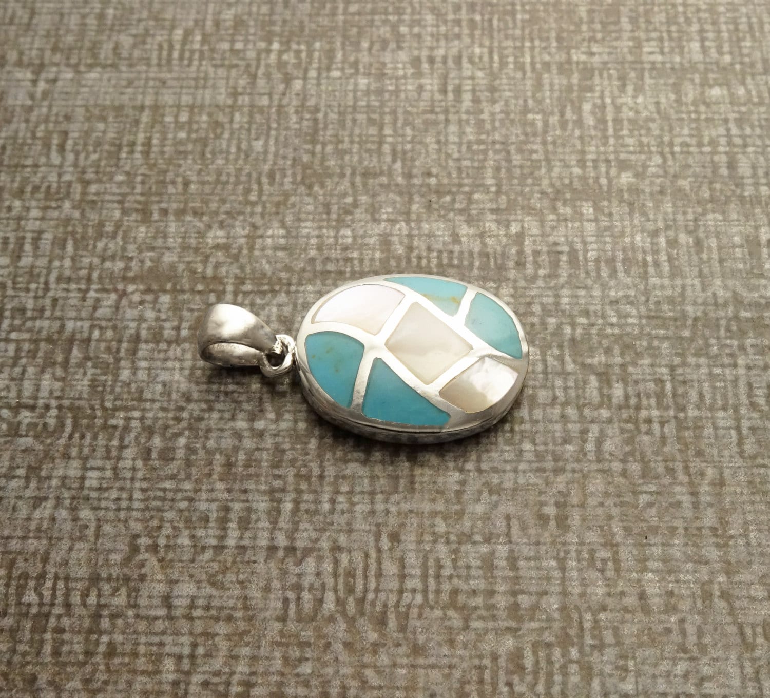 Turquoise Pendant, Sterling Silver, Blue Oval Stone Necklace, White Mother of Pearl Shell, Modern Geometric Checkered Jewelry