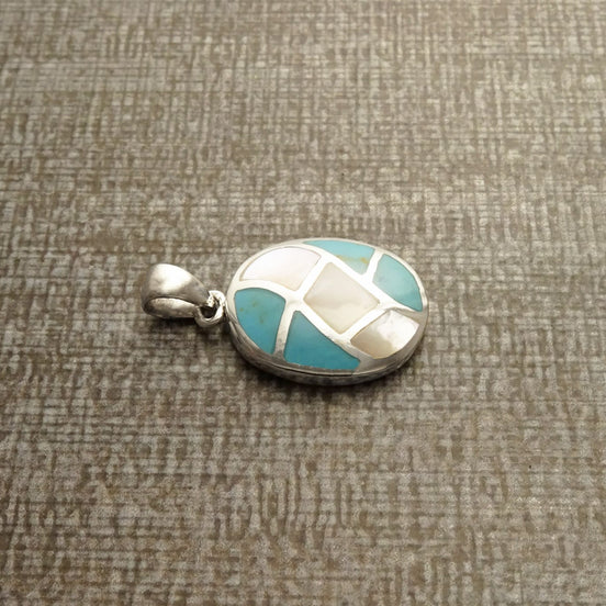 Turquoise Pendant, Sterling Silver, Blue Oval Stone Necklace, White Mother of Pearl Shell, Modern Geometric Checkered Jewelry