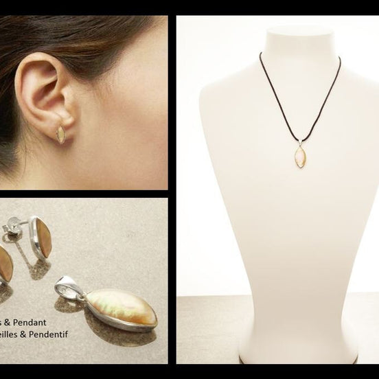 Copper-colored Mother-of-Pearl Set 925 Silver Women's Jewelry Set Pendant and Earrings wore on woman