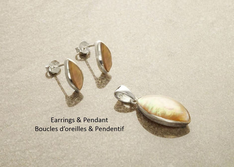 Copper-colored Mother-of-Pearl Set 925 Silver Women's Jewelry Set Pendant and Earrings