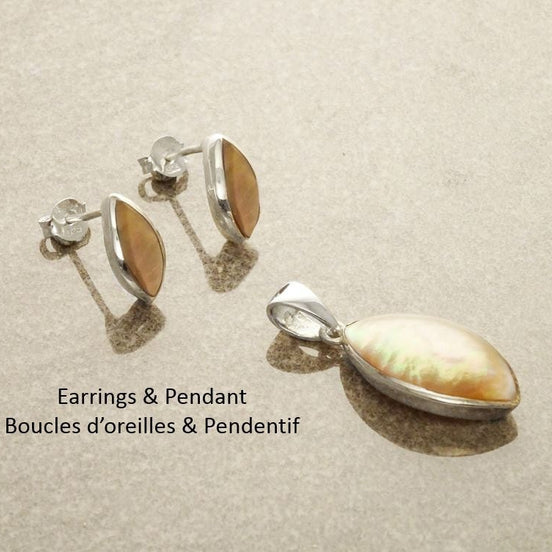 Copper-colored Mother-of-Pearl Set 925 Silver Women's Jewelry Set Pendant and Earrings