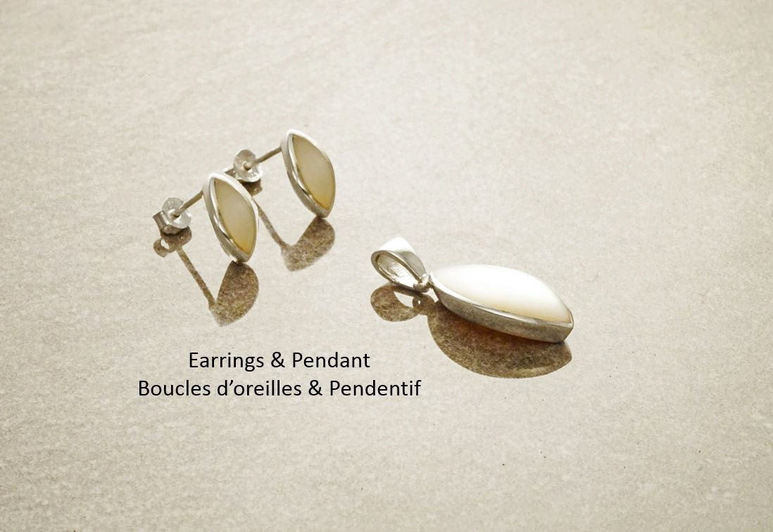 Oval Mother of Pearl Earrings and Pendant Set, Sterling Silver, White Shell Jewelry