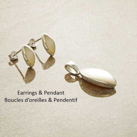 Oval Mother of Pearl Earrings and Pendant Set, Sterling Silver, White Shell Jewelry