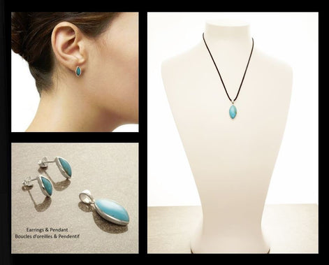 Turquoise Oval Earrings, Sterling Silver, Blue turquoise stone necklace, Almond Shape Pendant Set, dainty turquoise jewelry, studs earrings