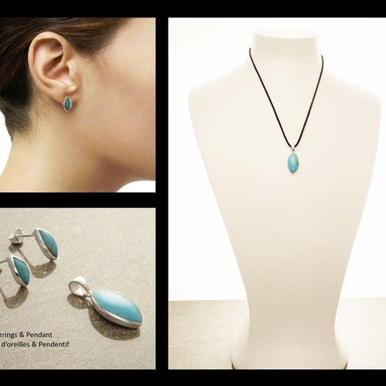 Turquoise Oval Earrings, Sterling Silver, Blue turquoise stone necklace, Almond Shape Pendant Set, dainty turquoise jewelry, studs earrings