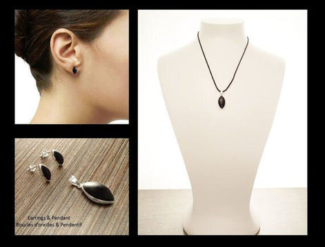 Black Oval earrings Set, Sterling Silver, Almond Shape Onyx Stone, Dangle Post Earrings, Modern Minimalist pointed style Design Jewelry