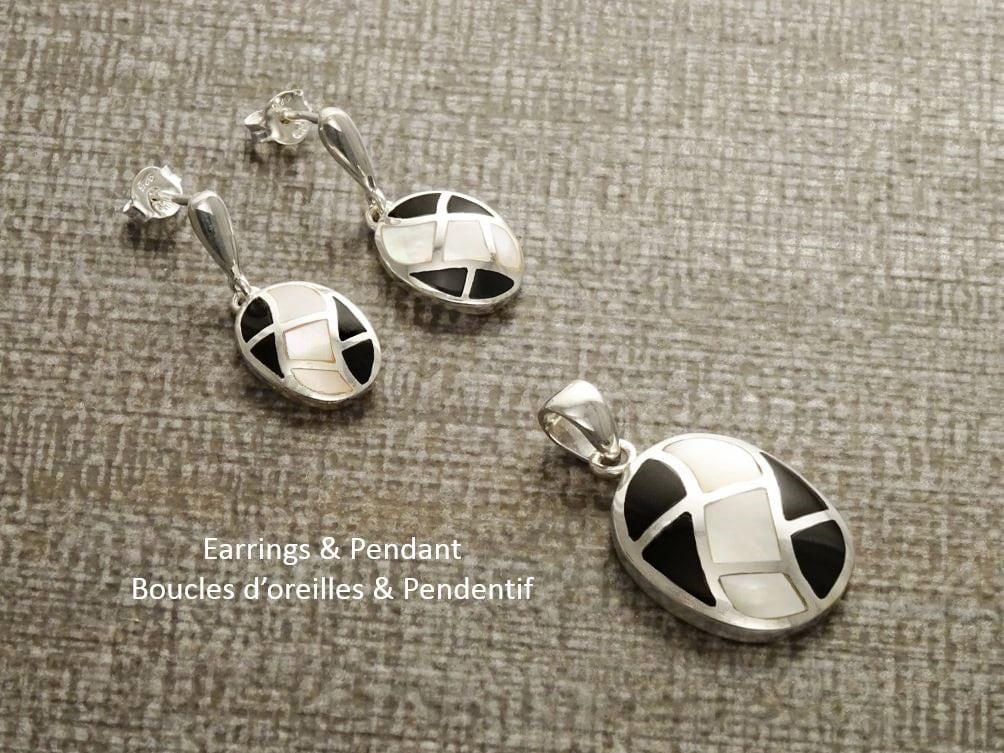 Onyx Earrings Set, Sterling Silver, Bicolor Black Stones Oval Mosaic White Mother of Pearl Shell, Modern Geometric Stone Checkered Jewelry