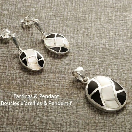 Onyx Earrings Set, Sterling Silver, Bicolor Black Stones Oval Mosaic White Mother of Pearl Shell, Modern Geometric Stone Checkered Jewelry