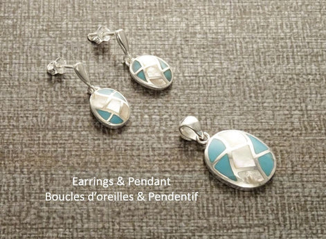 Turquoise Earrings, Sterling Silver, Bicolor Blue Oval Turquoise Stone and White Mother of Pearl Shell, Modern Geometric Grid Jewelry Set